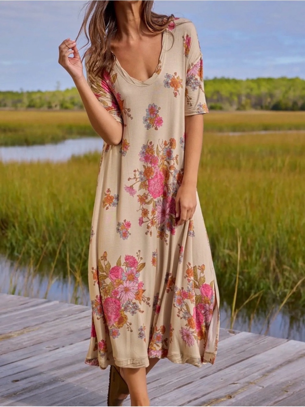 Natural Life All Day ButterSoft Tee Midi Maxi Dress English Garden Cream Large